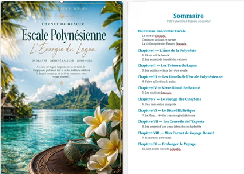 Livre ouvert du Carnet de Beauté Escale Polynésienne avec la couverture à gauche et le sommaire à droite